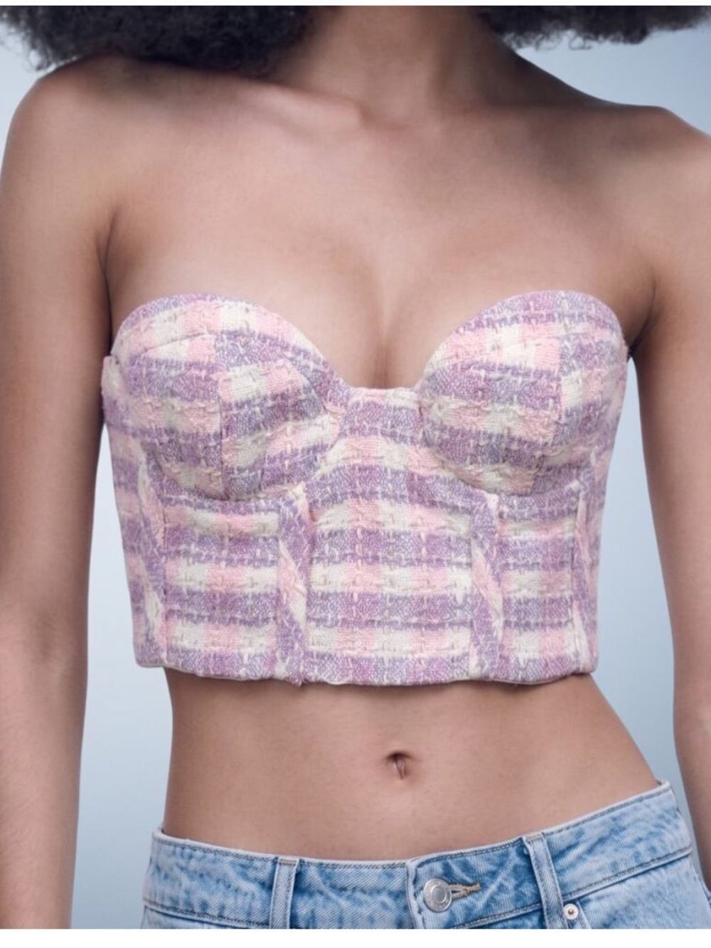 ZARA Striped Tweed Strapless Bustier Top - Lavender & Cream NWT SIZE SMALL